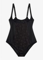 Mocno modelujące body z koronką. Czarne body bonprix, bez wzorów, z koronki. Za 119.99 zł.