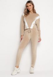Beżowy Welurowy Komplet Dresowy z Bluzą i Spodniami Bellanna. Brązowe bluzy damskie Born2be, m, bez wzorów, z dresówki, bez ramiączek, bez kaptura. Za 129.99 zł.