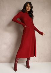 Bordowa Elegancka Sukienka z Wiskozą i Brokatem Werista. Czerwone sukienki damskie Renee, na zimę, l, bez wzorów, z materiału, eleganckie, bez kołnierzyka, bez ramiączek, maxi. Za 149.99 zł.
