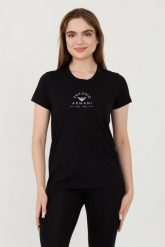 EMPORIO ARMANI Czarny t-shirt Uni Logo Printe. Czarne t-shirty damskie Emporio Armani, xs, bez wzorów, bez kołnierzyka, bez ramiączek. W wyprzedaży za 178.99 zł.
