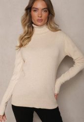 Beżowy Golf Sweter o Dopasowanym Kroju z Kaszmirem Zairith. Brązowe swetry nierozpinane damskie Renee, z aplikacjami, z jeansu, biznesowe, bez kołnierzyka, bez ramiączek. Za 79.99 zł.