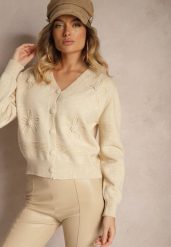 Beżowy Kardigan z Wiskozy Zdobiony Kwiatowymi Aplikacjami z Perełkami Gemirra. Brązowe kardigany damskie Renee, uniwersalny, z aplikacjami, z jeansu, eleganckie, bez kołnierzyka. Za 159.99 zł.