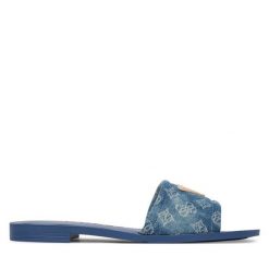 Klapki Guess. Niebieskie klapki damskie Guess, z aplikacjami, bez obcasa, bez zapięcia. Za 162.99 zł.