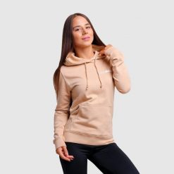 Bluza damska fitness z kapturem piaskowa PRO. Białe bluzy damskie GYMBEAM, m, bez wzorów, z bawełny, sportowe, bez ramiączek, z kapturem. Za 88.90 zł.