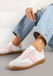 Biało-Różowe Sneakersy Tenisówki w Kultowym Stylu Neolithaen. Białe trampki i tenisówki damskie Renee, bez wzorów, z jeansu, bez zapięcia. Za 74.99 zł.