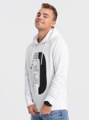 Męska bluza z nadrukiem HOODIE - biała V1 - Rozmiar: L. Białe bluzy męskie Ombre Clothing, l, bez wzorów, z bawełny, bez ramiączek. W wyprzedaży za 49.99 zł.