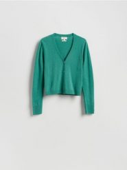Wełniany kardigan - zielony. Zielone kardigany damskie Reserved, l, bez wzorów, z dzianiny, bez kołnierzyka. Za 199.99 zł.