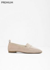 Loafersy ze skóry welurowej. Brązowe balerinki damskie bonprix, bez wzorów, ze skóry, eleganckie, bez obcasa, bez zapięcia. Za 159.99 zł.