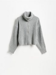 Rozpinany sweter w prążki - szary. Szare kardigany damskie Reserved, l, bez wzorów, z dzianiny, bez kołnierzyka. Za 169.99 zł.