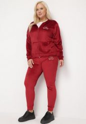 Bordowy Welurowy Komplet Dresowy z Rozpinaną Bluzą i Luźnymi Spodniami Malinass. Czerwone bluzy damskie Born2be, xl, bez wzorów, z dresówki, bez ramiączek, bez kaptura. Za 79.99 zł.