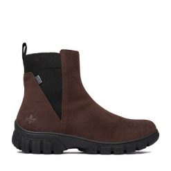 Botki Rieker. Brązowe botki damskie Rieker, bez wzorów, bez obcasa, na płaskiej podeszwie, bez zapięcia. Za 429.99 zł.