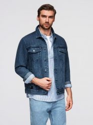 Jeansowa kurtka męska katana z washem – niebieska V4 - Rozmiar: XL. Niebieskie kurtki męskie Ombre Clothing, m, bez wzorów, z bawełny, casualowe, bez kaptura. Za 339.99 zł.