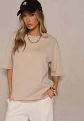 Jasnobeżowy Basicowy T-shirt z Bawełną Meronissea. Brązowe t-shirty damskie Renee, bez wzorów, z bawełny, klasyczne, bez kołnierzyka, bez ramiączek. Za 54.99 zł.