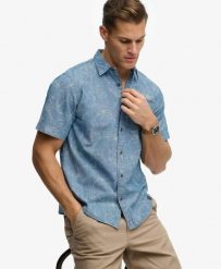 Superdry Koszula Vintage Loom krótki rękaw z organicznej bawełny. Niebieskie koszule damskie Superdry, xl, bez wzorów, z bawełny, vintage, bez kołnierzyka, bez ramiączek. Za 301.95 zł.
