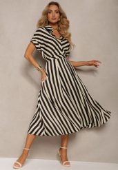 Beżowo-Czarna Rozkloszowana Sukienka z Gumką w Talii i Guzikami z Printem w Paski Jentia. Brązowe sukienki damskie Renee, na co dzień, l, bez wzorów, eleganckie, bez kołnierzyka, bez ramiączek, maxi, rozkloszowane. Za 109.99 zł.