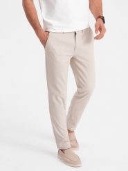 Spodnie męskie chino SLIM FIT - kremowe V1 OM-PACP-0186 - XXL. Białe eleganckie spodnie męskie Ombre Clothing, bez wzorów, z bawełny. W wyprzedaży za 149.99 zł.