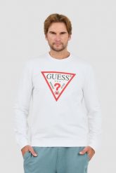 GUESS Biała bluza Audley Cn Fleece. Białe bluzy męskie Guess, l, z aplikacjami, bez ramiączek, bez kaptura. W wyprzedaży za 179.99 zł.