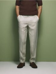 Lniane spodnie garniturowe - beżowy. Brązowe garnitury męskie Reserved, bez wzorów, z tkaniny. Za 199.99 zł.