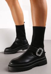 Czarne Botki Workery z Dzianinową Elastyczną Cholewką i Biżuteryjną Klamrą Nalipno. Czarne botki damskie Renee, bez wzorów, z dzianiny, eleganckie, bez obcasa, na płaskiej podeszwie, bez zapięcia. Za 84.99 zł.