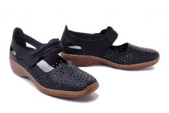 RIEKER 41399-14 blue, półbuty letnie damskie. Niebieskie półbuty damskie Rieker, na lato, bez wzorów, ze skóry, bez obcasa, bez zapięcia. Za 271.92 zł.