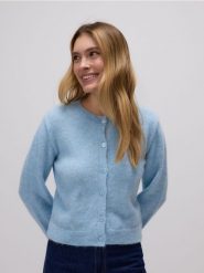 Rozpinany kardigan - jasnoniebieski. Niebieskie kardigany damskie Reserved, l, bez wzorów, z dzianiny, bez kołnierzyka. W wyprzedaży za 59.99 zł.