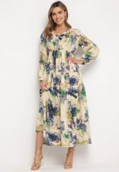Beżowo-Zielona Maxi Rozkloszowana z Guzikami w Abstrakcyjny Print Falitta. Brązowe sukienki damskie Born2be, l, bez wzorów, bez kołnierzyka, bez ramiączek, maxi, rozkloszowane. Za 169.99 zł.