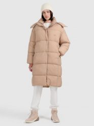 4F Płaszcz puchowy z wypełnieniem syntetycznym damski - beżowy M. Brązowe płaszcze damskie 4F, na zimę, m, bez wzorów, z puchu, bez kołnierzyka. W wyprzedaży za 299.99 zł.