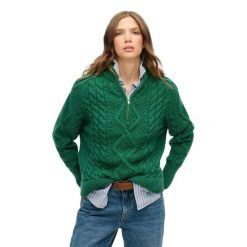 Kardigan z zapięciem dla kobiet Superdry Aran. Zielone kardigany damskie Superdry, s, bez wzorów, ze splotem, eleganckie, bez kołnierzyka. Za 381.50 zł.