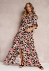 Czarno-Czerwona Koszulowa Sukienka Maxi z Podpinanymi Rękawami w Kwiatowy Wzór c. Czarne sukienki damskie Renee, l, w ażurowe wzory, bez kołnierzyka, bez ramiączek, maxi, koszulowe. Za 109.99 zł.
