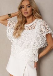 Biała Koronkowa Bluzka w Stylu Boho Raspia. Białe bluzki damskie Renee, m, bez wzorów, z koronki, boho, bez kołnierzyka, bez ramiączek. Za 54.99 zł.