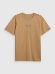 4F T-shirt regular z nadrukiem męski - beżowy L. Brązowe t-shirty męskie 4F, l, bez wzorów, z bawełny, bez kołnierzyka, bez ramiączek. Za 79.99 zł.