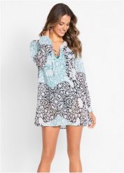 Tunika plażowa. Niebieskie tuniki damskie bonprix, bez wzorów, z materiału, eleganckie, bez ramiączek. Za 89.99 zł.