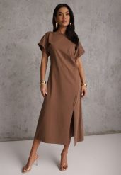 Brązowa Rozkloszowana Sukienka Zdobiona Drapowaniem w Talii i Rozcięciem Uziola. Brązowe sukienki damskie Renee, na co dzień, m, z aplikacjami, bez kołnierzyka, bez ramiączek, maxi, proste. Za 89.99 zł.