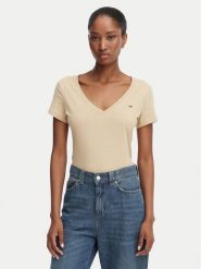 Tommy Jeans T-Shirt DW0DW20458 Beżowy Slim Fit. Brązowe t-shirty damskie Tommy Jeans, l, bez wzorów, z bawełny, bez kołnierzyka, bez ramiączek. Za 129.99 zł.