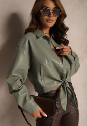 Zielona Koszulowa Kurtka z Ekoskóry z Wiązanym Paskiem Zapinana na Napy Braleta. Zielone kurtki damskie Renee, l, bez wzorów, z jeansu, bez kaptura. Za 159.99 zł.