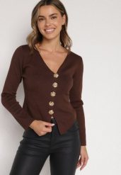 Brązowy Sweter z Wiskozą Ozdobiony Guzikami Zetisae. Brązowe swetry nierozpinane damskie Born2be, m, bez wzorów, z jeansu, eleganckie, bez kołnierzyka, bez ramiączek. Za 89.99 zł.