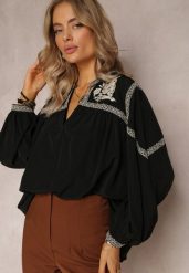 Czarna Bluzka z Bufiastym Rękawem i Kwiatowym Haftem Oluze. Czarne bluzki damskie Renee, l, bez wzorów, z jeansu, eleganckie, bez kołnierzyka, bez ramiączek. Za 129.99 zł.