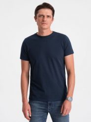 Klasyczny T-shirt męski bawełniany BASIC - granatowy V2 OM-TSBS-0146 - XXL. Niebieskie t-shirty męskie Ombre Clothing, l, bez wzorów, z bawełny, bez kołnierzyka, bez ramiączek. W wyprzedaży za 24.99 zł.