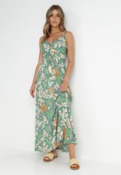 Zielona Sukienka Nerin. Zielone sukienki damskie Born2be, na plażę, l, bez wzorów, z tkaniny, boho, bez kołnierzyka, bez ramiączek, maxi, kopertowe. Za 84.99 zł.