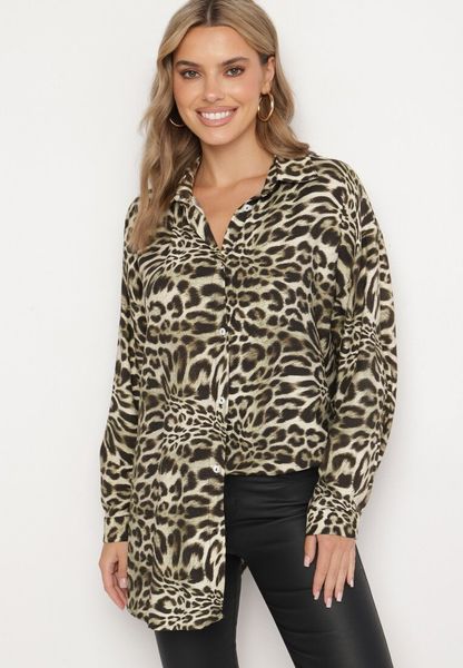 Ciemnobeżowa Wiskozowa Koszula w Panterkę z Lnem o Kroju Oversize Sanorith. Brązowe koszule damskie Born2be, m, bez wzorów, z jeansu, biznesowe, bez kołnierzyka, bez ramiączek. Za 44.99 zł.