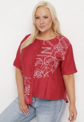 Bordowa Bawełniana Bluzka T-shirt z Krótkim Rękawem z Nadrukiem i Guzikami Fiomara. Czerwone bluzki damskie Born2be, l, bez wzorów, z bawełny, biznesowe, bez kołnierzyka, bez ramiączek. Za 54.99 zł.