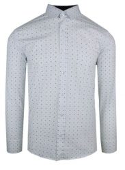 Męska, Taliowana (Slim Fit) Koszula Wizytowa - Rigon - Biała w Niebieskie Groszki. Białe koszule męskie Rigon, m, bez wzorów, z bawełny, biznesowe, bez kołnierzyka, bez ramiączek. Za 129.00 zł.