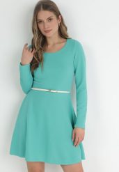Miętowa Gładka Sukienka Mini z Długimi Rękawami Irimona. Zielone sukienki damskie Born2be, l, bez wzorów, bez kołnierzyka, bez ramiączek, mini. Za 49.99 zł.