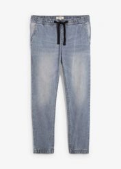 Joggery jeansowe o kroju regular fit z gumką w talii, tapered. Szare jeansy męskie bonprix, z jeansu. Za 149.99 zł.