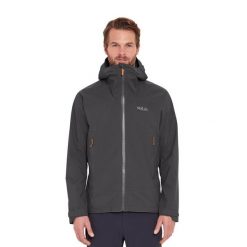 Kurtka przeciwdeszczowa męska Rab Downpour Light Jacket z kapturem. Szare kurtki męskie RAB, m, bez wzorów, sportowe, z kapturem. Za 539.99 zł.