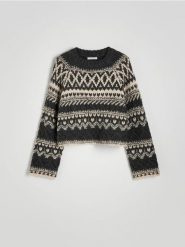 Wzorzysty sweter z domieszką wełny - wielobarwny. Swetry nierozpinane damskie Reserved, l, bez wzorów, z dzianiny, bez kołnierzyka, bez ramiączek. W wyprzedaży za 69.99 zł.