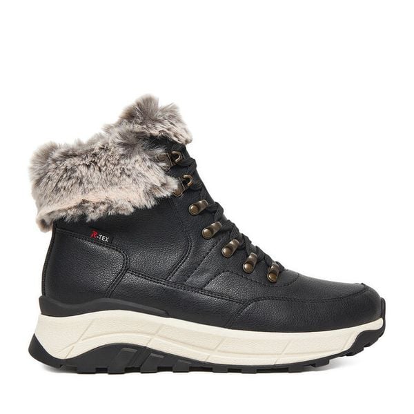 Trzewiki Rieker. Czarne botki damskie Rieker, bez wzorów, bez obcasa, na płaskiej podeszwie, bez zapięcia. Za 389.99 zł.