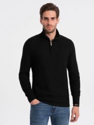 Dzianinowy sweter męski z rozpinaną stójką - czarny V3 OM-SWZS-0105 - XXL. Czarne swetry męskie Ombre Clothing, l, bez wzorów, z bawełny, bez kołnierzyka, bez ramiączek. W wyprzedaży za 89.99 zł.