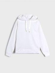 Bluza hoodie z ozdobną tasiemką - kremowy. Białe bluzy damskie Sinsay, l, bez wzorów, bez ramiączek, bez kaptura. W wyprzedaży za 33.99 zł.