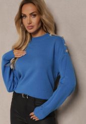 Niebieski Sweter z Półgolfem Wiskozą i Modalem Ozdobiona Guzikami Emmitana. Niebieskie swetry nierozpinane damskie Renee, l, bez wzorów, z jeansu, casualowe, bez kołnierzyka, bez ramiączek. Za 69.99 zł.